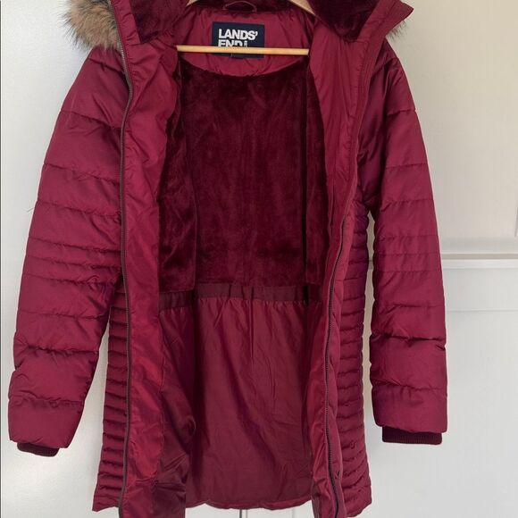 Lands' End PRIMALOFT Warm Burgundy Puffer Jacket Winter Coat Faux Fur Trim Sz M - Picture 5 of 16